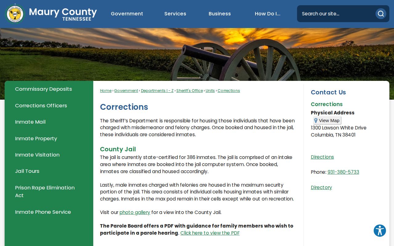 Maury County Corrections official intake and roster information